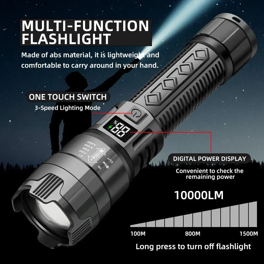High Strong Power Led Flashlights 2000LM Tactical Torch with Display Light Rechargeable Camping Fishing Emergency Zoom Lantern