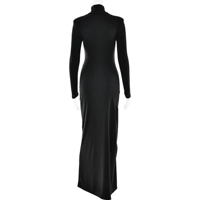 Mozision Turtleneck Thigh High Split Sexy Maxi Dress For Women Fashion Long Sleeve Draped Bandage Bodycon Club Long Dress - Smarsty