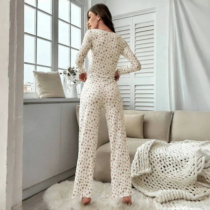 Sleepwear Women Floral Print Lettuce Trim Top with Long Pant Lovely Loungewear Full Sleeve Nightwear Spring Autumn Pajamas Set - Smarsty