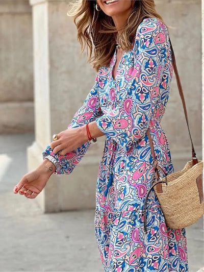 Women's Autumn New Fashionable Printed Sexy V-neck Long Sleeve High Waist Elastic Waist Medium Length Bohemian Dress - Smarsty