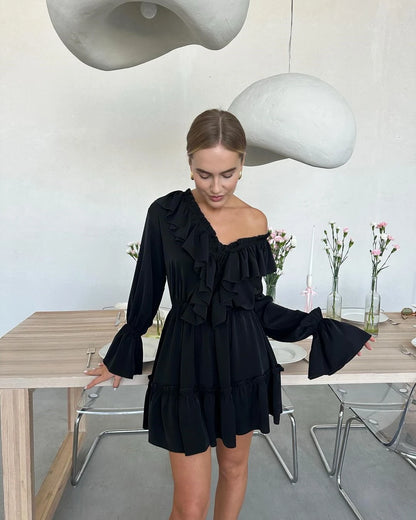 Tossy Ruffled V-Neck White Mini Dress Female Patchwork Long Sleeve Elegant Bandage Fashion Dress High Waist Lace-Up Women Dress - Smarsty