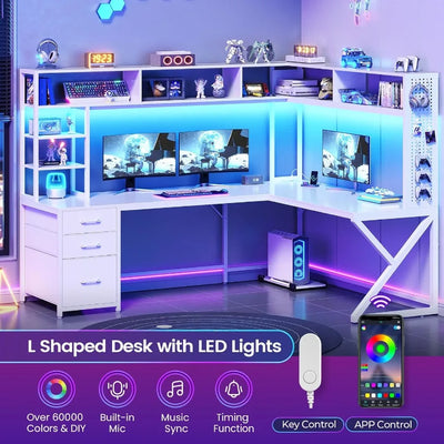 Corner Computer Desk Convertible 94.5 Gaming Desk with Storage Drawers Hutch and Pegboard L Shaped Office Desk with Power Outle