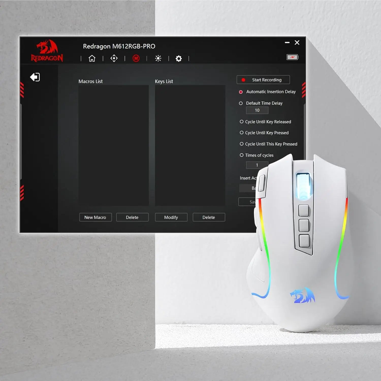 Redragon M612 PRO RGB 8000 DPI Wired/Wireless 9 Programmable Buttons 6 Backlit Modes Gaming Mouse, White