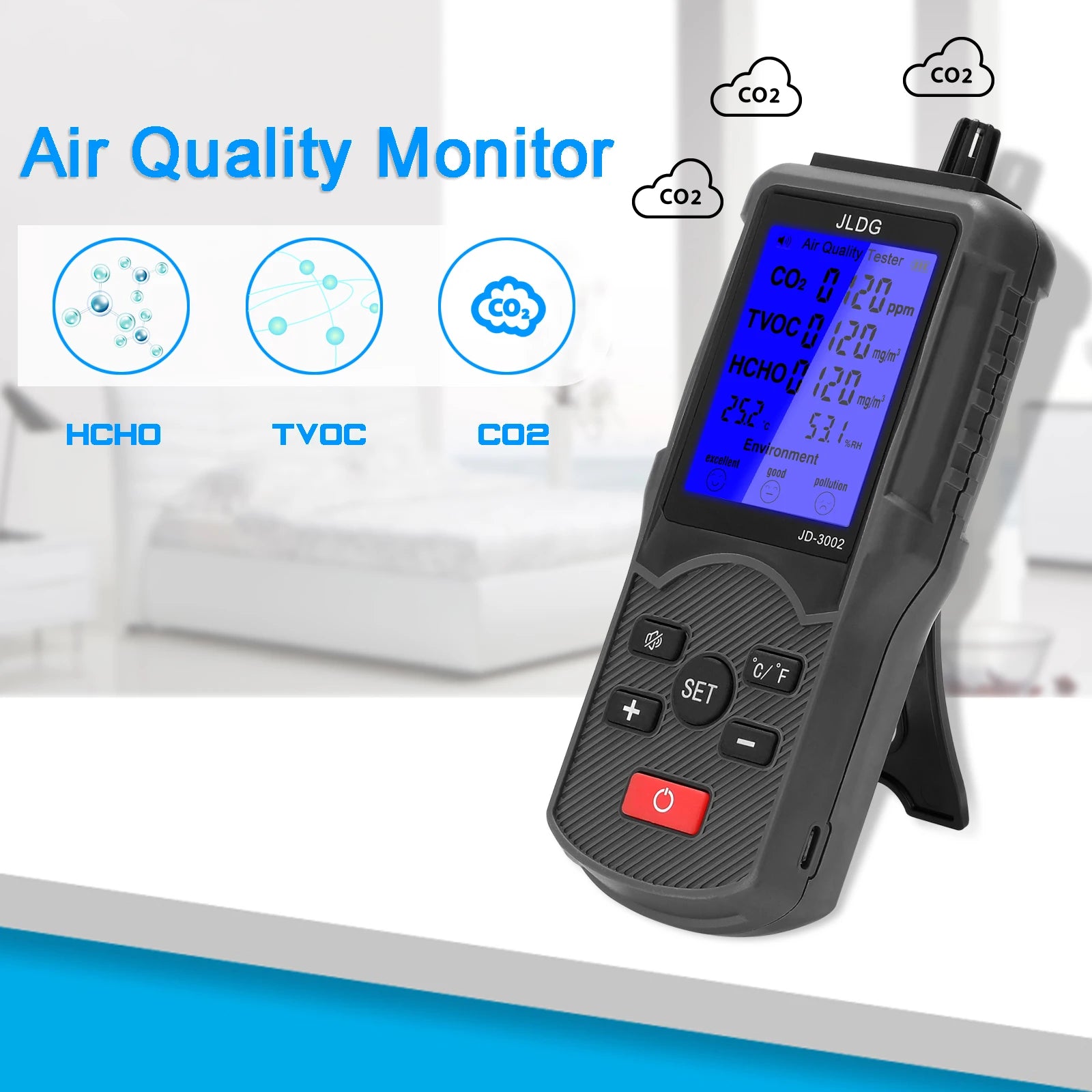 8in1 Air Quality Tester with CO2 and TVOC Monitoring - Smarsty
