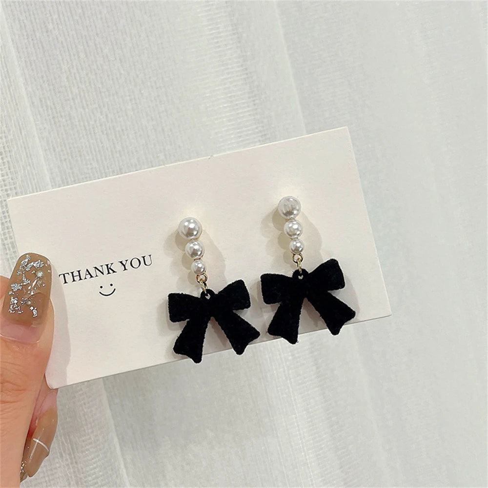 Red Black Bowtie Earrings with Simulated Pearls for Women - Smarsty