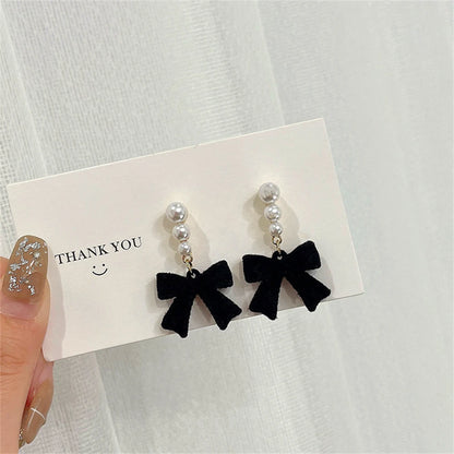 Red Black Bowtie Earrings with Simulated Pearls for Women - Smarsty