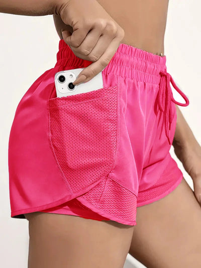 Women's Elastic Sports Shorts, Shorts With Pockets, Fake Two-Piece Yoga Leggings Running And Training - Smarsty