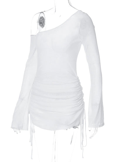 Dulzura Solid Skew Collar Ruched Straps Lace-Up See Through Draw String Mini Dress 2023 Summer  Women Party Clubwear Wholesale - Smarsty