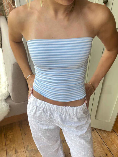 Women Cropped Tube Tops Strapless Off Shoulder Backless Short Tank Summer Party Club Striped/Solid Mini Vest 2024 New - Smarsty