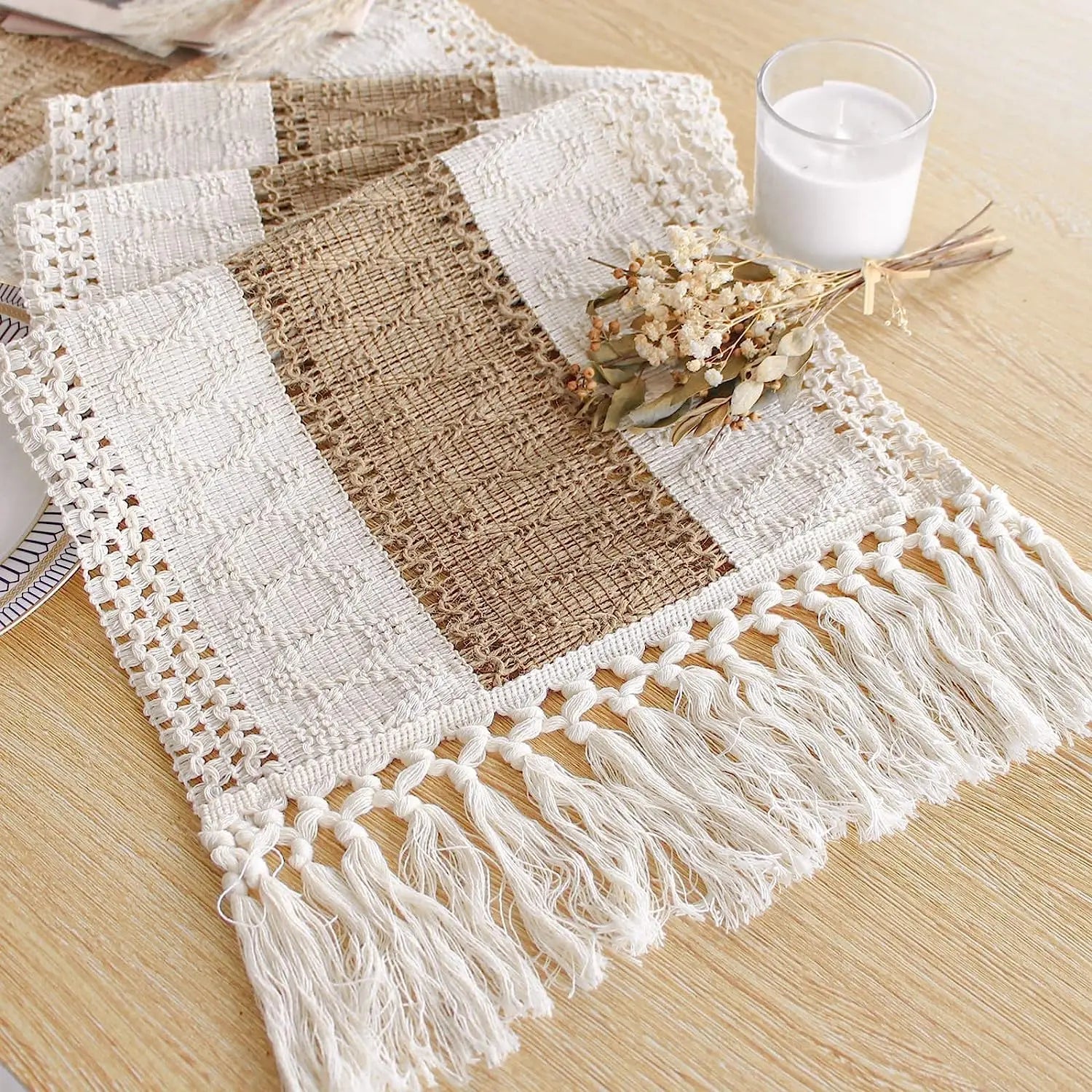 Boho Farmhouse Linen Table Runner with Tassels - Smarsty