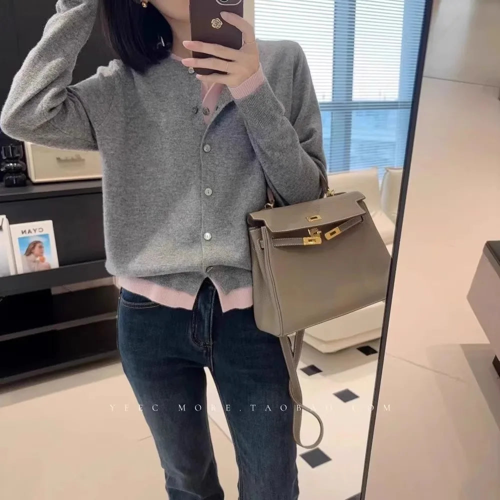 Fake two 100% pure cashmere sweater cardigan dark grey high-grade wool knit coat top - Smarsty