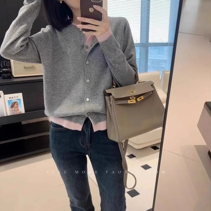 Fake two 100% pure cashmere sweater cardigan dark grey high-grade wool knit coat top - Smarsty