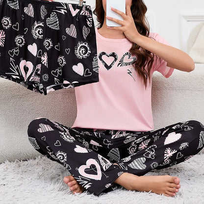 Women's Short Sleeve Crew Neck Top With Shorts And Pants 3 Piece Loungewear Sleepwear Lounge Sets Nighty Print Casual Pajama Set - Smarsty