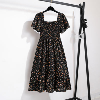 Spring Summer Chiffon Dress Women Midi DressesFemale Short Sleeve Elastic Waist Printed Floral Pleated Backless Casual Dress - Smarsty