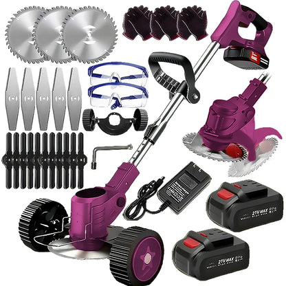 Wireless portable weed trimmer for lawn trimming. The trimmer is equipped with 2 lithium batteries and comes with replaceable bl