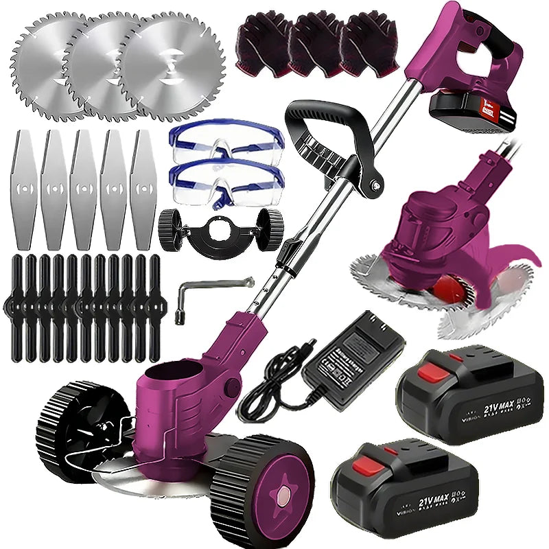Wireless portable weed trimmer for lawn trimming. The trimmer is equipped with 2 lithium batteries and comes with replaceable bl