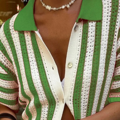 Striped Lapel Cardigan Women's Spring Summer 2025 New Button Knitted Contrast Short-sleeved Cardigan Street Women's Clothing - Smarsty
