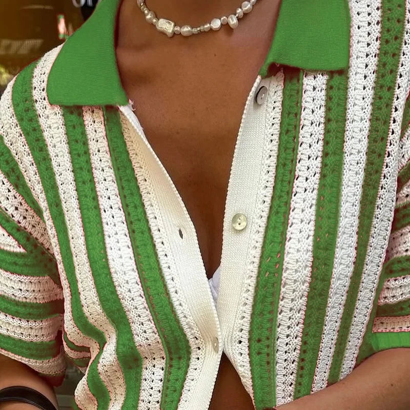 Striped Lapel Cardigan Women's Spring Summer 2025 New Button Knitted Contrast Short-sleeved Cardigan Street Women's Clothing - Smarsty