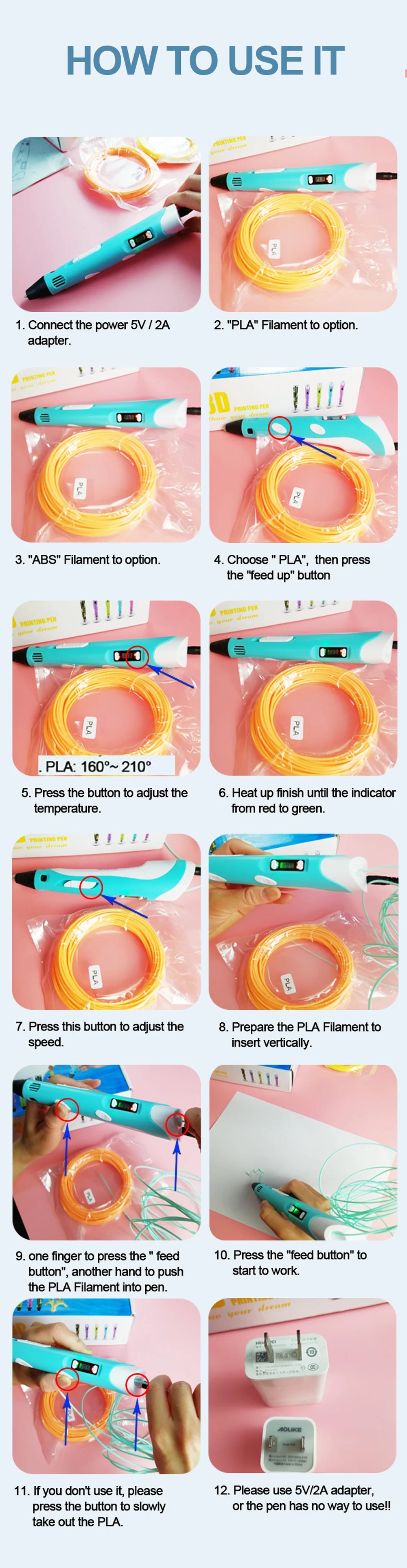 3D Pen 3d Printing Pen Children DIY Drawing Pens PLA Filament Birthday Christmas Boys Girls Gift For Kids With Travel Case - Smarsty
