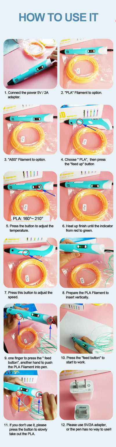 3D Pen 3d Printing Pen Children DIY Drawing Pens PLA Filament Birthday Christmas Boys Girls Gift For Kids With Travel Case - Smarsty