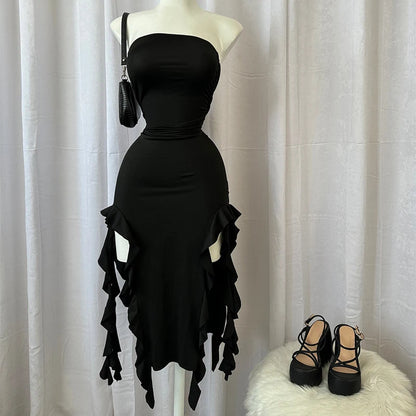 Women Strapless Sexy Floral Fold Hemline High Slit Mini Dress 2024 Solid Backless Sleeveless Black And Pink Party Dress Vestidos - Smarsty