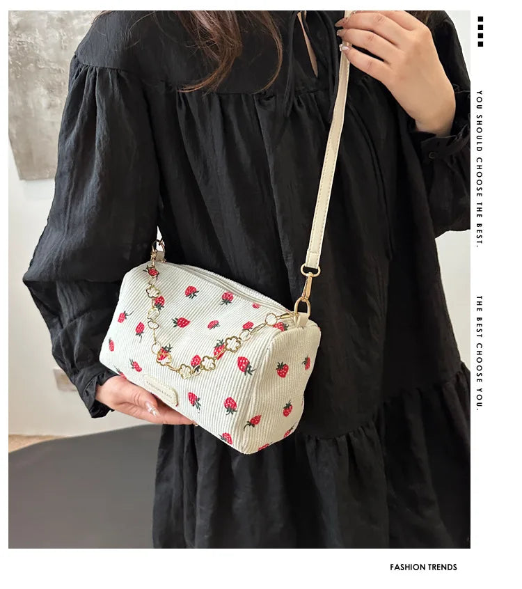 Corduroy Underarm Bag For Women Strawberry Print Mini Tote - Smarsty