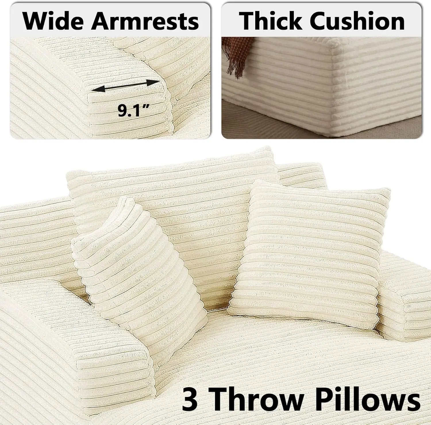 Oversized Chaise Lounge Chair with 3 Comfy Pillows for Living Room Bedroom, Wide Arms Corduroy Fabric High-Density - Smarsty