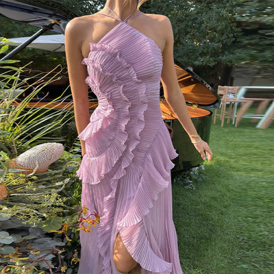Elegant Purple Halter A Line Prom Gowns Ruffles Tiered Backless Party Gown Summer Vacation Chiffon Long Evening Dress - Smarsty