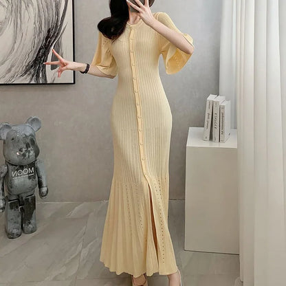 Summer-style fashionable openwork French slimming A-line short-sleeved knitted dress, fishtail long dress for women - Smarsty