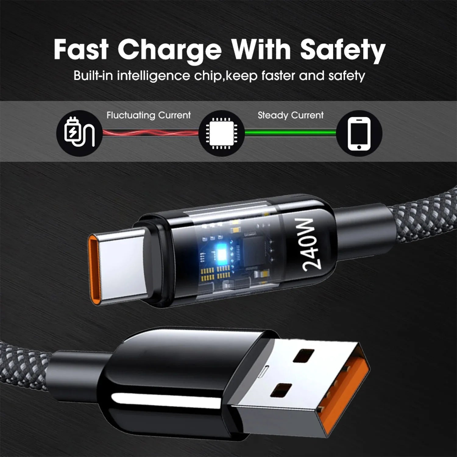 240W QC 3.0 USB to Type C Super Fast Charging Cable For Samsung Xiaomi Huawei OPPO LED Digital Display Phone Charger Data Cord - Smarsty