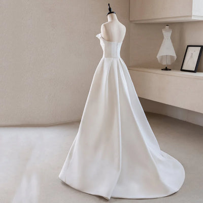 French Luxury White Satin Trailing Wedding Dresses for Bride 2025 Women Elegant Sexy Strapless Long Prom Party Dress vestidos - Smarsty