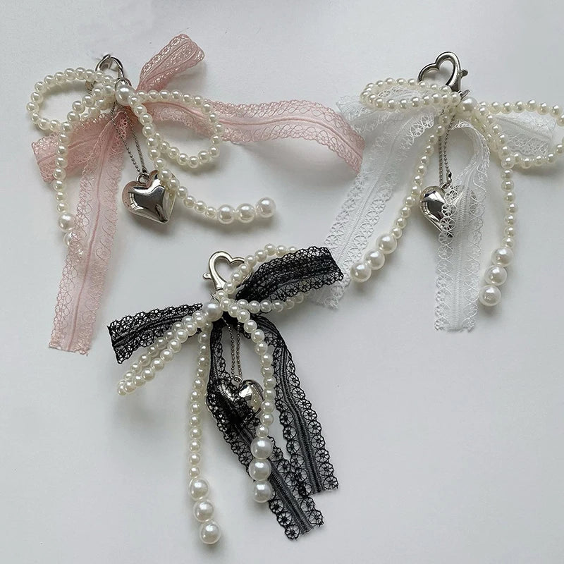 2025 New Sweet Pearl Bow Keychain Heart Lace Pendant Car Keychain Korean Y2K Beauty Girl Bag Pendant Accessory Gift