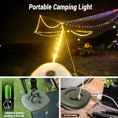 Camping String Lights,33Ft Light with Lanterns (2 in 1 Design),Camping Lights 2000mAh,IPX6 Waterproof,Rechargeable Flashlights by Smarsty