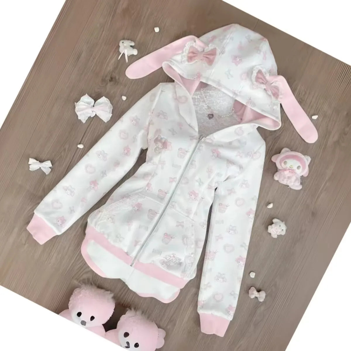 Harajuku Japanese Kawaii Sweatshirts Cartoon Rabbit Print Hoodie Y2k Pink Subculture Bow Zip Up Hoodie Women Slim Anime Hoodie