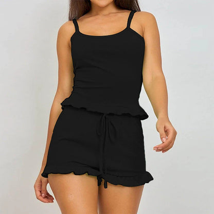 Summer Two-Piece Solid Color Sleepwear Round Neck Sexy Suspender Ribbed Knitted Pleated Vest Shorts Casual Women's Sleepwear Set - Smarsty