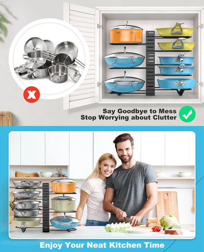 Pot Rack Organizer Under Cabinet,8 Tier Adjustable Pot Organizers Inside Cabinet,Pan Storage Organizer Rack for Storing Pots Pan