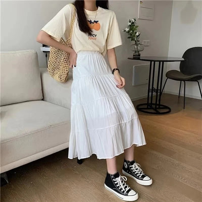 Spring Summer Women Skirts Vintage High Waist Elastic Patchwork White Black Chic Long Cake A-line Skirt - Smarsty