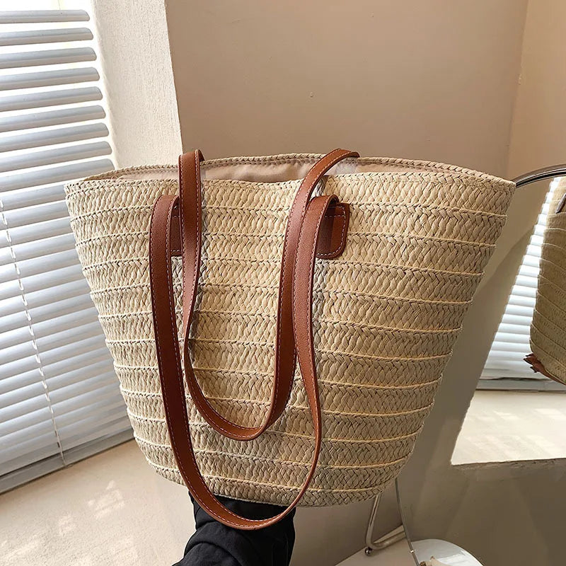 Large Capacity Straw Beach Tote Woven Shoulder Bag Summer - Smarsty