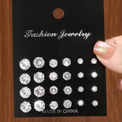 12 Pairs Zirconia Stud Earrings Gift Set Luxurious Shiny - Smarsty