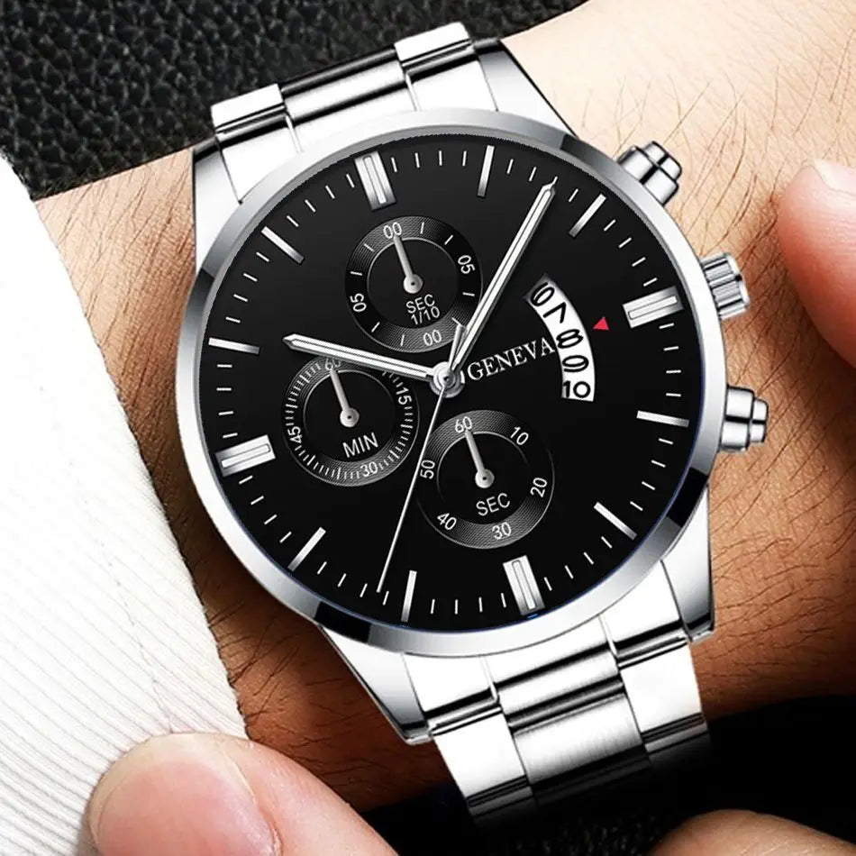 Men's Stainless Steel Quartz Watch Set with Calendar - Smarsty