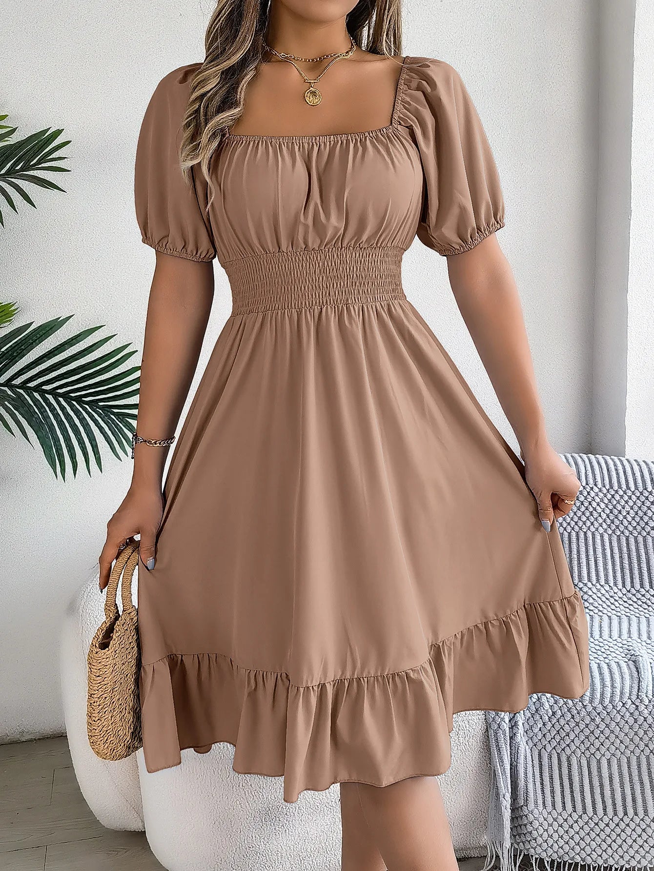 Women's MIidi Dresses 2024 Summer Casual Square Neck Short Sleeved Waist Ruffle Edge Dress Dress Women Elegant Платья Женские - Smarsty
