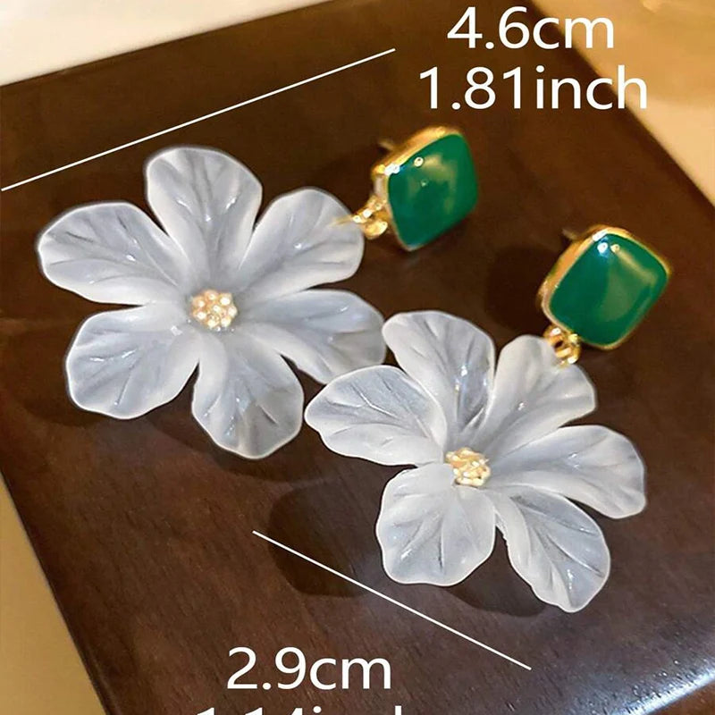 Bohemian White Flower Drop Earrings for Women in Green Epoxy - Smarsty