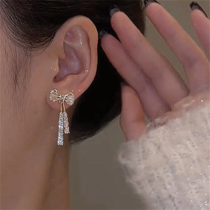 Trendy Zircon Bow Earrings with Crystal Tassel for Women - Smarsty