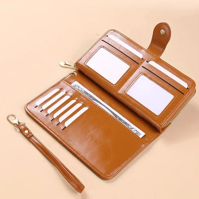 Women's Vintage Oil Wax PU Leather Clutch Wallet Female Large Capacity Phone Purse Ladies Wristband Simple Card Holder Pouch Bag - Smarsty