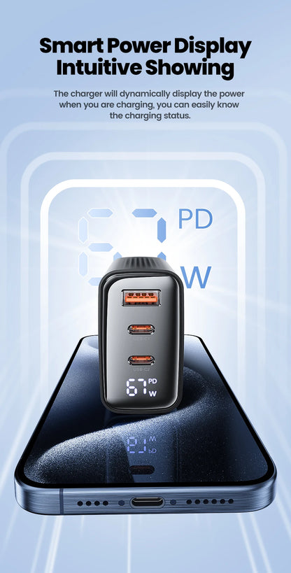GaN USB Type C Charger With Digital Display 65W Power - Smarsty