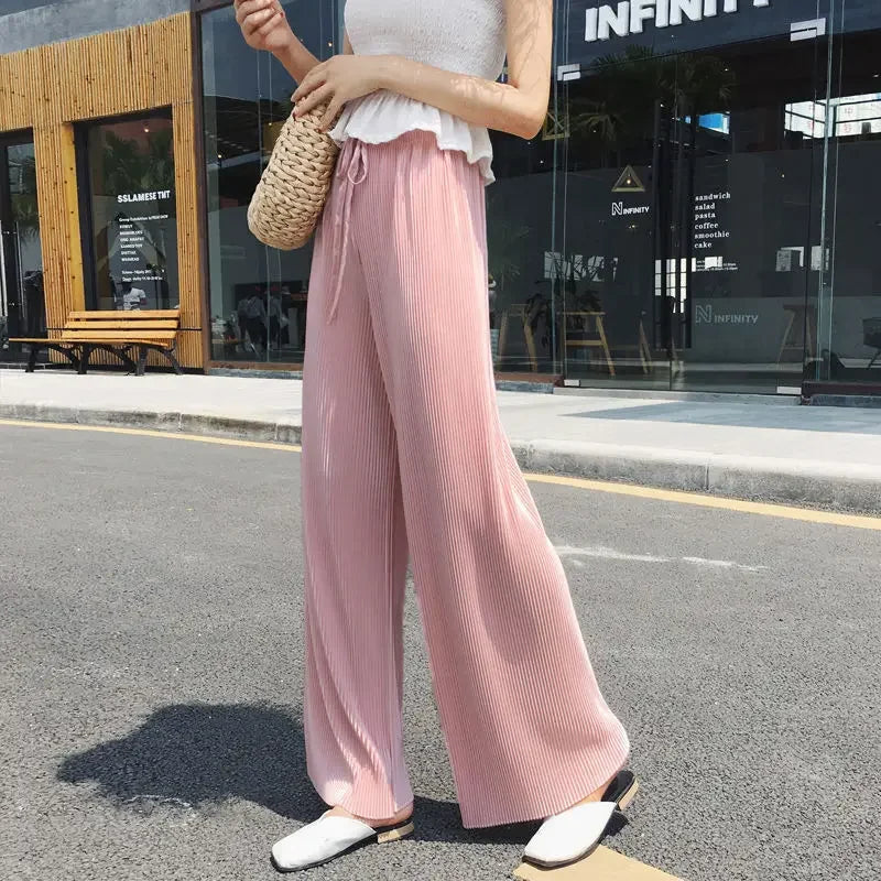 Women Fashion Summer Wide Leg Pants Pleated Ice Silk Trousers Elastic Waist Loose Casual Pants - Smarsty