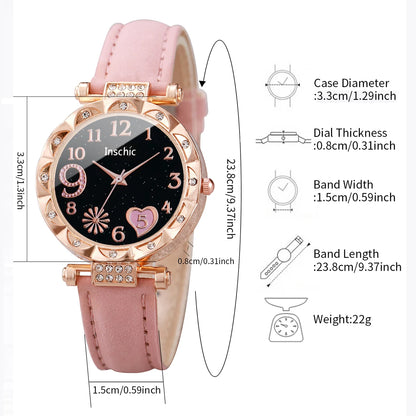 Fashion Heart Dial Women's Watch Set with Leather Band - Smarsty