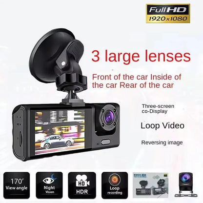 1080P 3 Channel Dash Cam Night Vision Crystal IPS Screen - Smarsty