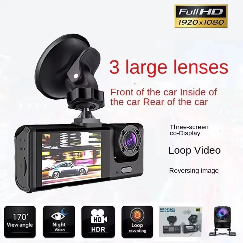 1080P 3 Channel Dash Cam Night Vision Crystal IPS Screen - Smarsty