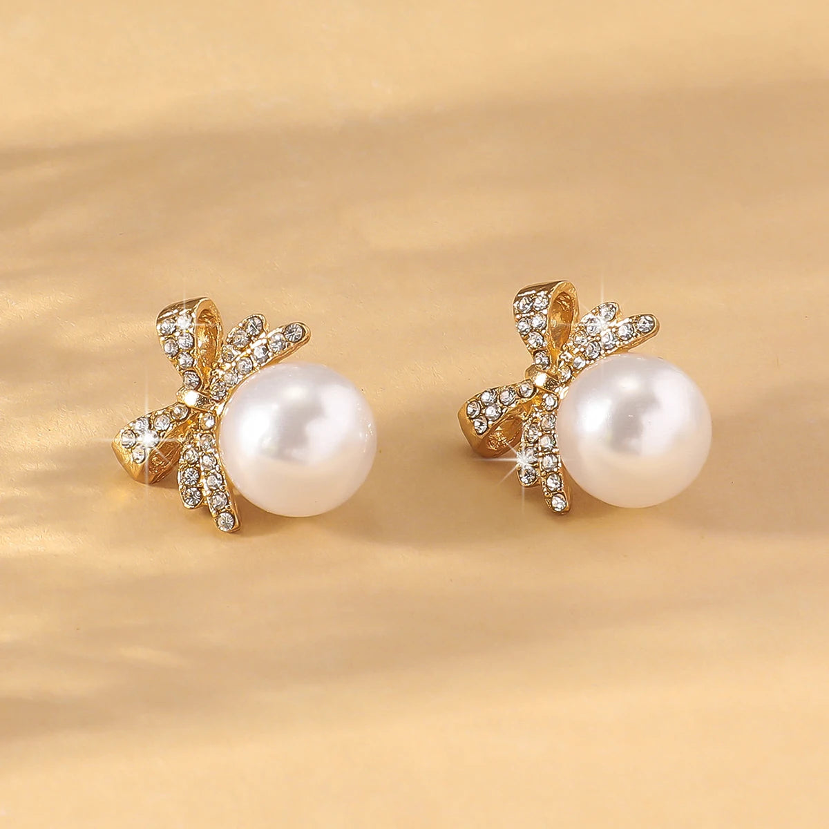 Elegant Pearl Bow Knot Diamond Stud Earrings for Women - Smarsty
